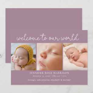 Dusty Purple Welcome Photo Collage Birth Announcement