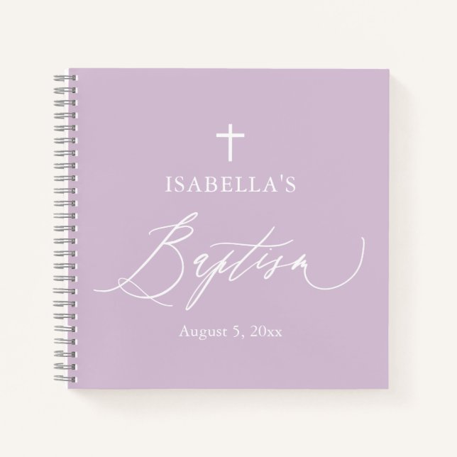 Dusty Purple White Cross Girl Baptism Guest Book (Front)