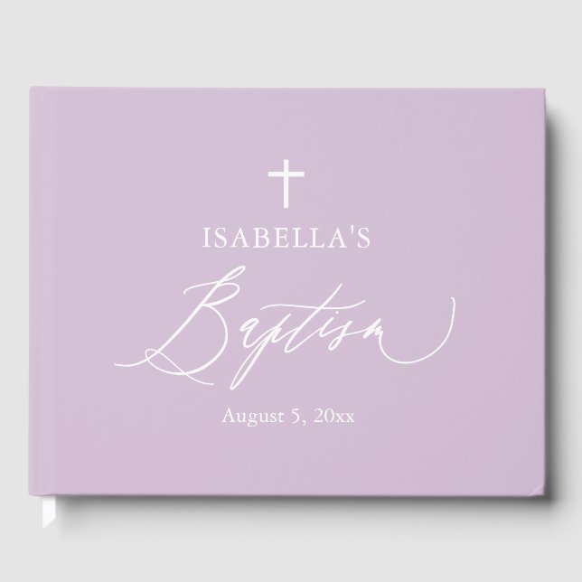 Dusty Purple White Cross Girl Baptism Livre d'invi (Recto)