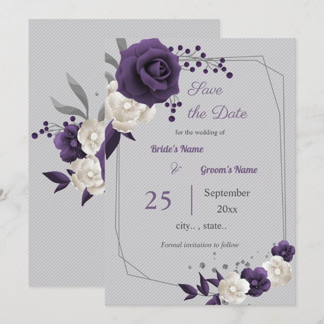 dusty purple white floral geometric save the date invitation (Front/Back)