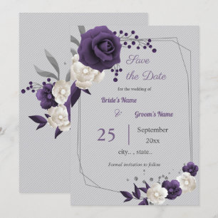 dusty purple white floral geometric save the date invitation