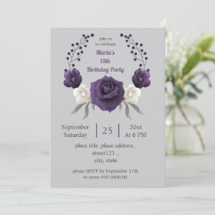 dusty purple & white floral wreath grey birthday invitation