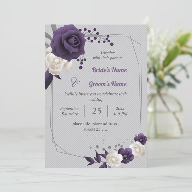  dusty purple white flowers geometric wedding invitation (Standing Front)
