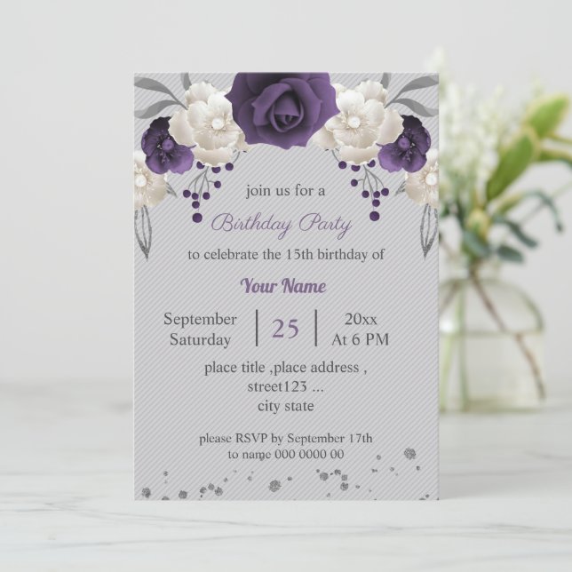 dusty purple & white flowers grey birthday invitation (Standing Front)