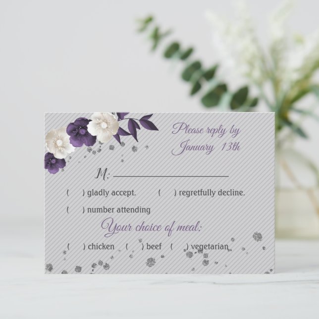 Dusty purple white flowers grey RSVP card (Standing Front)
