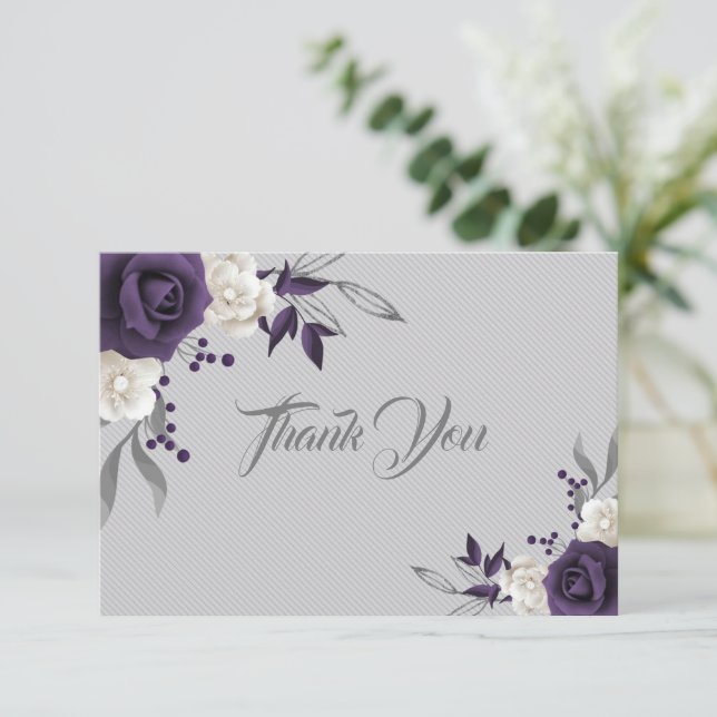 dusty purple white flowers grey thank you card (Standing Front)