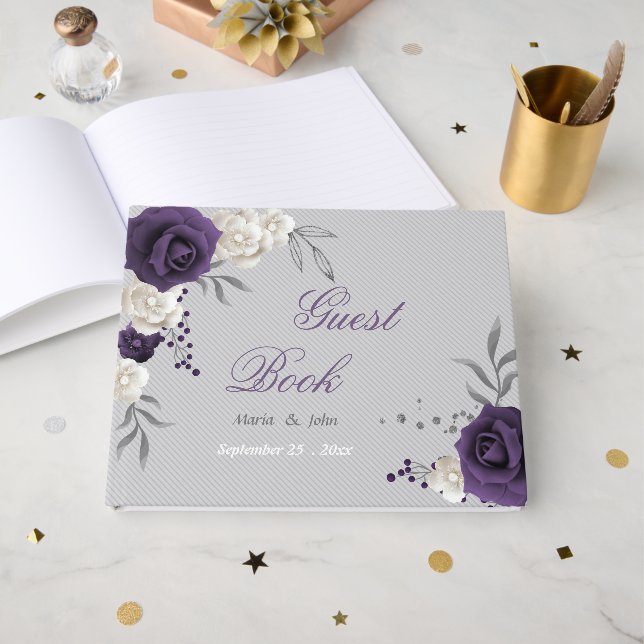 dusty purple white flowers grey wedding guest book (Front Open)