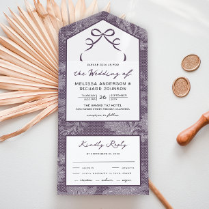 Dusty Purple White Lace Coquette Bow Wedding All In One Invitation