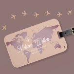 Dusty Purplish World Map with Traveller Name Luggage Tag<br><div class="desc">A nice design to identify your belongings when travelling around the world. Dusky purple map of the World over a blush rose background with your name at front side,  and with additional information and quote "to travel is to live"</div>