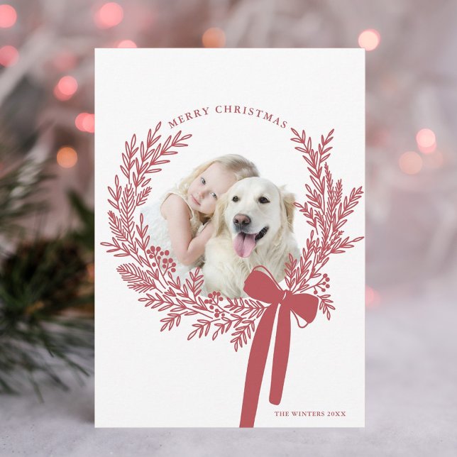 Dusty Red Christmas Wreath Minimal Photo Holiday Card (Creator Uploaded)