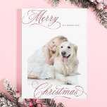 Dusty Red Merry Christmas Script Minimal Photo Holiday Card<br><div class="desc">Elegant and romantic swirly calligraphy lettering with a photo and a seamless pattern on the back. For more advanced customization of this design,  please click the BLUE DESIGN TOOL BUTTON above!</div>