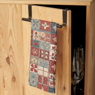 Dusty Red, White, Blue Country Kitchen Towel