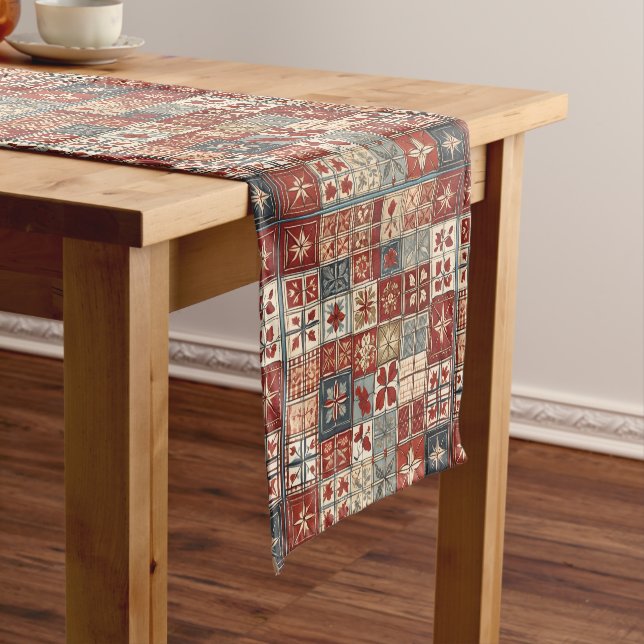 Dusty Red, White, Blue Country Short Table Runner (In Situ)