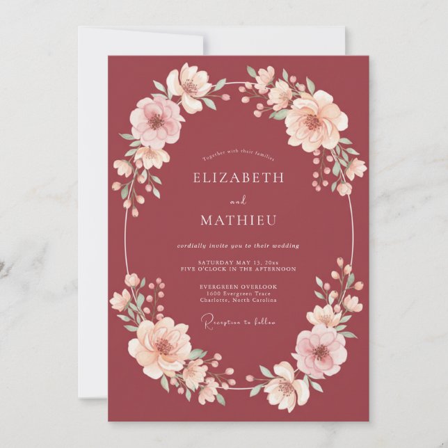 Dusty Red Wreath Wedding Invitation (Front)