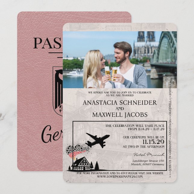 Dusty Rose Allemagne Faire-part de mariage de pass (Devant / Derrière)