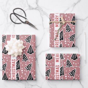 Dusty rose and black Merry Christmas trees holiday Wrapping Paper Sheet