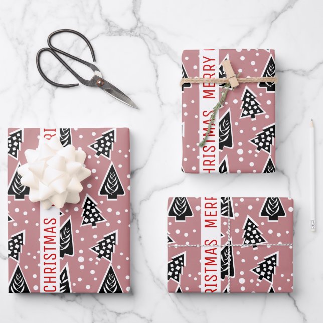 Dusty rose and black Merry Christmas trees holiday Wrapping Paper Sheet (Front)