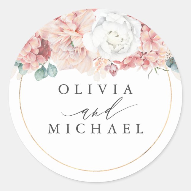 Dusty Rose and Blush Flowers Elegant Wedding Classic Round Sticker (Front)