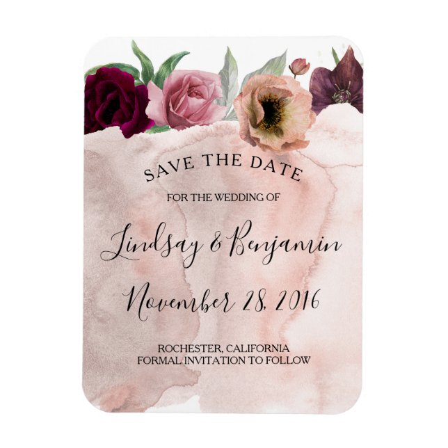 Dusty Rose and Burgundy Floral Save the Date Magnet (Vertical)