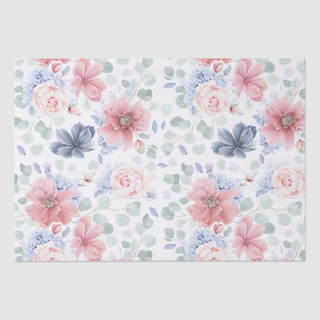 Dusty Rose and Dusty Blue Floral Botanical Elegant Tissue Paper (Front)