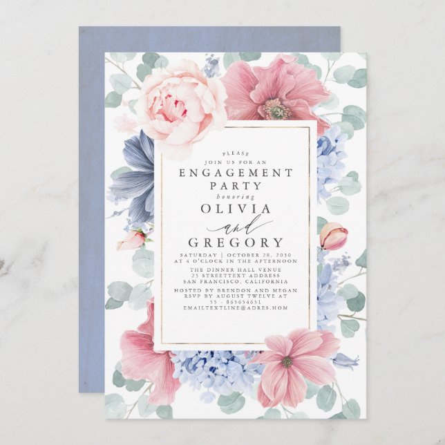 Dusty Rose and Dusty Blue Floral Engagement Party Invitation (Front/Back)