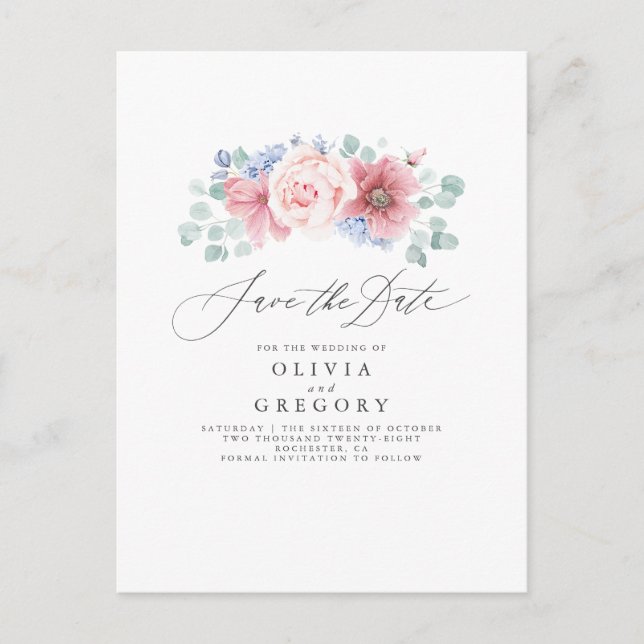 Dusty Rose and Dusty Blue Floral Save the Date Announcement Postcard (Front)
