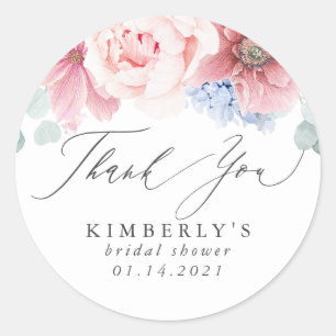Dusty Rose and Dusty Blue Floral Thank You Classic Round Sticker