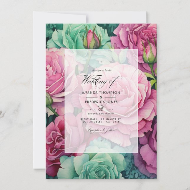 Dusty Rose and Emerald Green Floral Wedding Invitation (Front)