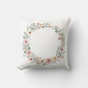 Dusty Rose and Eucalyptus Watercolor Floral Wreath Throw Pillow