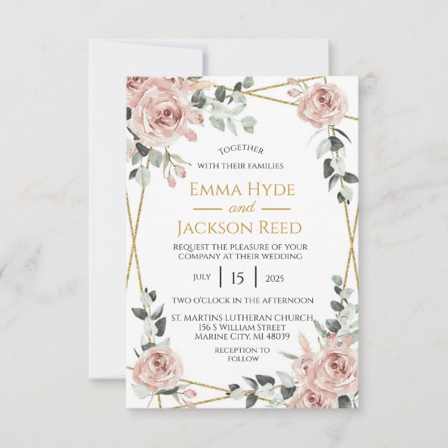 Dusty Rose and Gold Frame Floral Wedding  Invitation (Front)