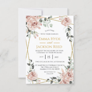 Dusty Rose and Gold Frame Floral Wedding  Invitation