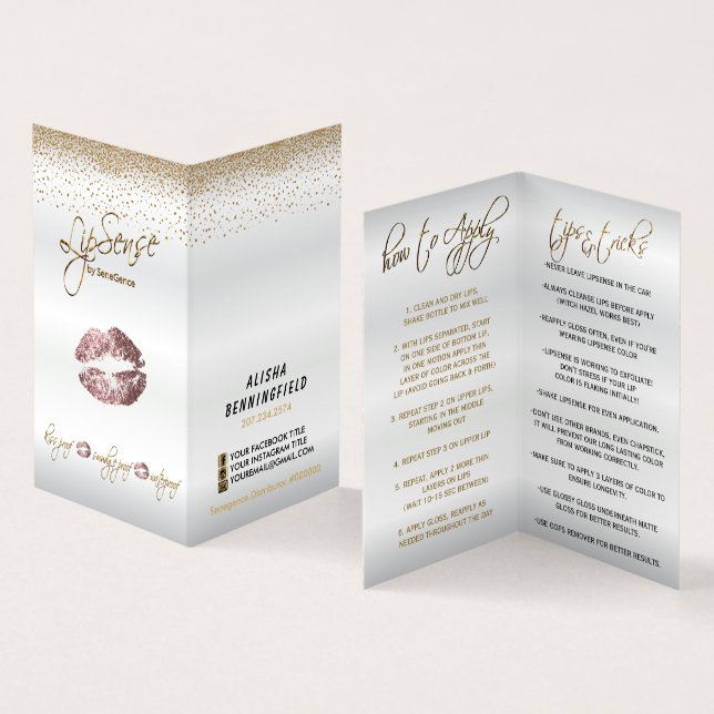 Dusty Rose and Gold Lip Instructions Business Card (Inside and Outside)
