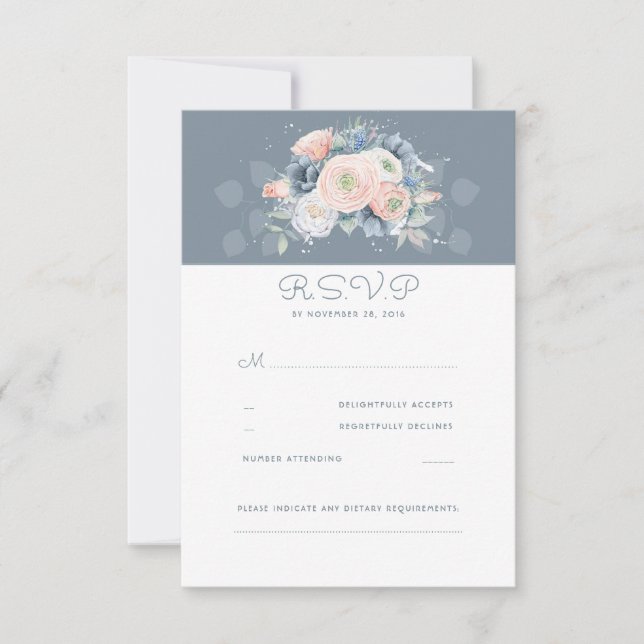 Dusty Rose and Pale Blue Floral Wedding RSVP Card (Front)