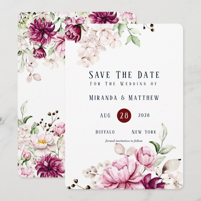 Dusty Rose and Pink Peony Save The Date Cards (Front/Back)