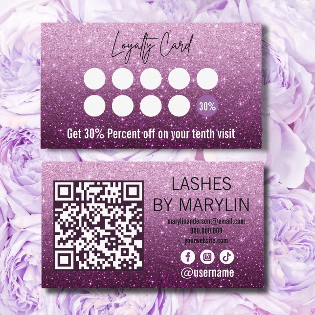 Dusty Rose and Plum Ombre Glitter Lash Technician Loyalty Card (Creator Uploaded)