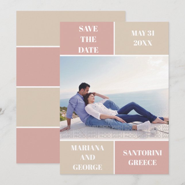 Dusty rose and taupe colour block wedding save the date (Front/Back)