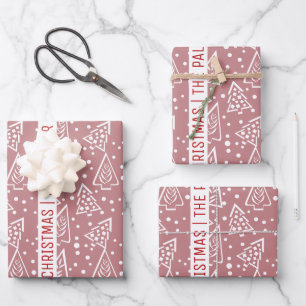 Dusty rose and white Christmas trees and name Wrapping Paper Sheet