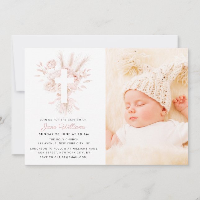 Dusty rose and white florals Baptism photo Invitation (Front)
