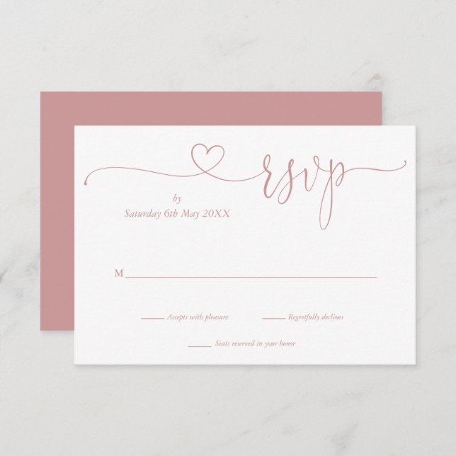 Dusty Rose And White Script Heart  RSVP Card (Front/Back)