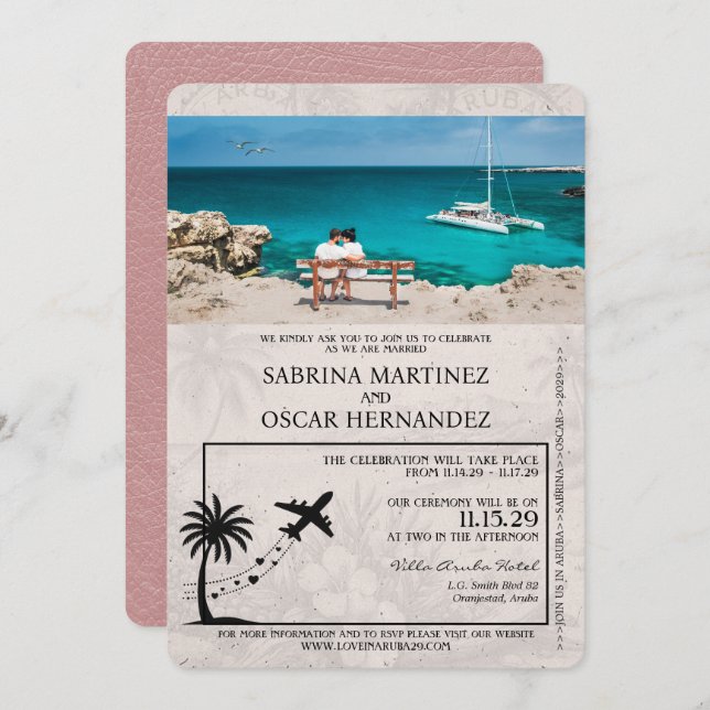 Dusty Rose Aruba Passport Wedding Invitation (Front/Back)