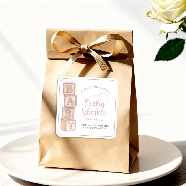 Dusty Rose Baby Blocks Baby Shower Favor Sticker (Baby Shower Favor Sticker)