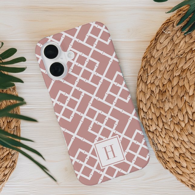 Dusty Rose Bamboo Lattice Pattern Monogram iPhone 16 Case (Creator Uploaded)