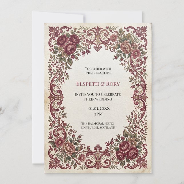 Dusty Rose Baroque Floral Wedding Invitation (Front)
