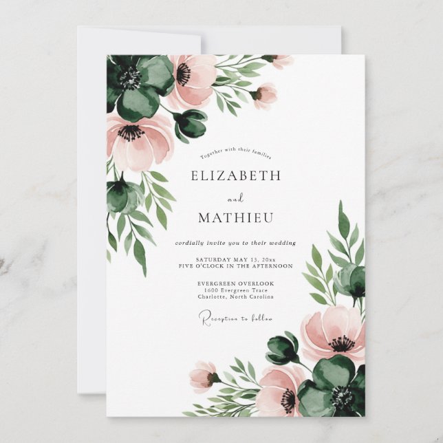 Dusty Rose Blooming Botanical Wedding Invitation (Front)