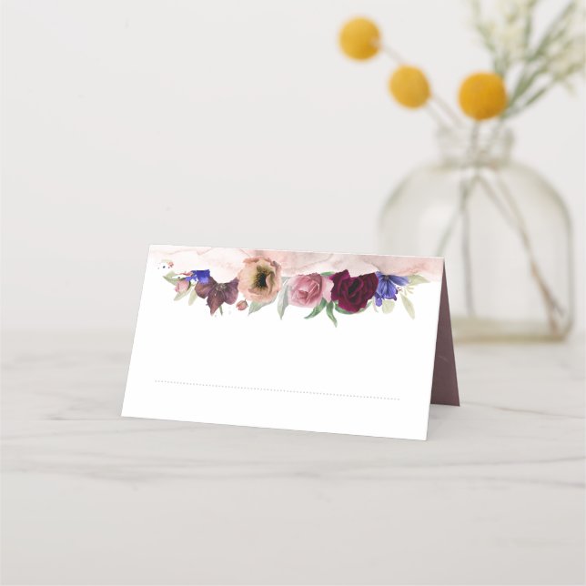 Dusty Rose Blue and Burgundy Red Floral Wedding Place Card (Front)