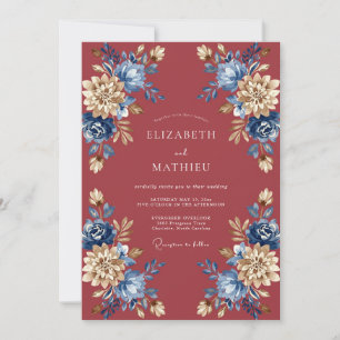 Dusty Rose Blue Botanical Watercolor Wedding Invitation