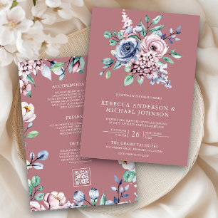 Dusty Rose Blue Pink Floral QR Code Wedding Invitation