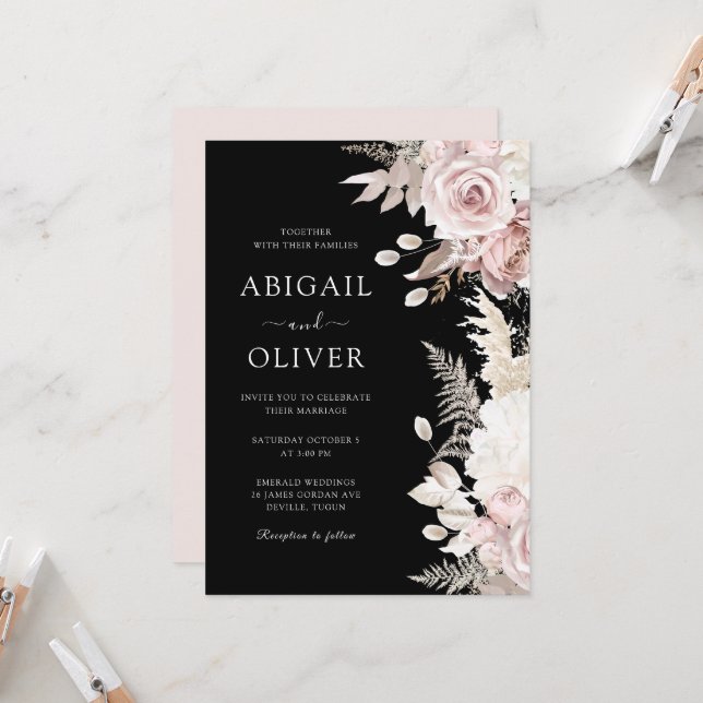 Dusty Rose, Blush & Black Elegance Wedding Invitation (Front/Back In Situ)