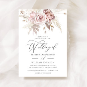 Dusty Rose Blush Boho Pink Ivory Floral Wedding  Invitation