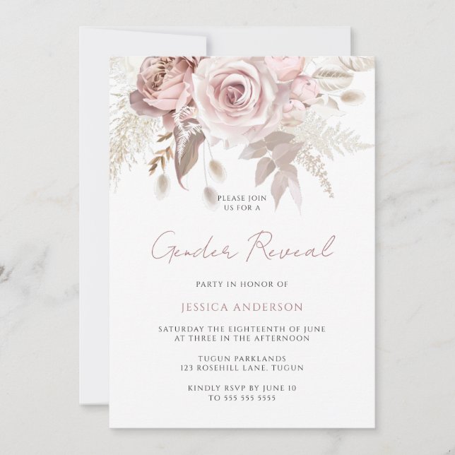 Dusty Rose Blush Floral Gender Reveal Party Invitation (Front)